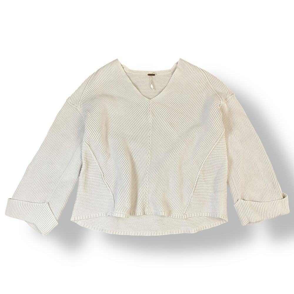Free People White La Brea‎ V-Neck Sweater Size Medium Boho, Neutral, Lagenlook